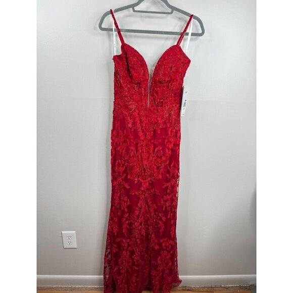 MAC DUGGAL 20330 Embroidered Floral Plunge Neck Illusion Red Evening Gown Size 2 - Picture 3 of 5
